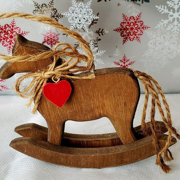 Vintage "Midwest" Taiwan Wooden Rocking Horse w/ Heart Christmas Ornament - Picture 1 of 8